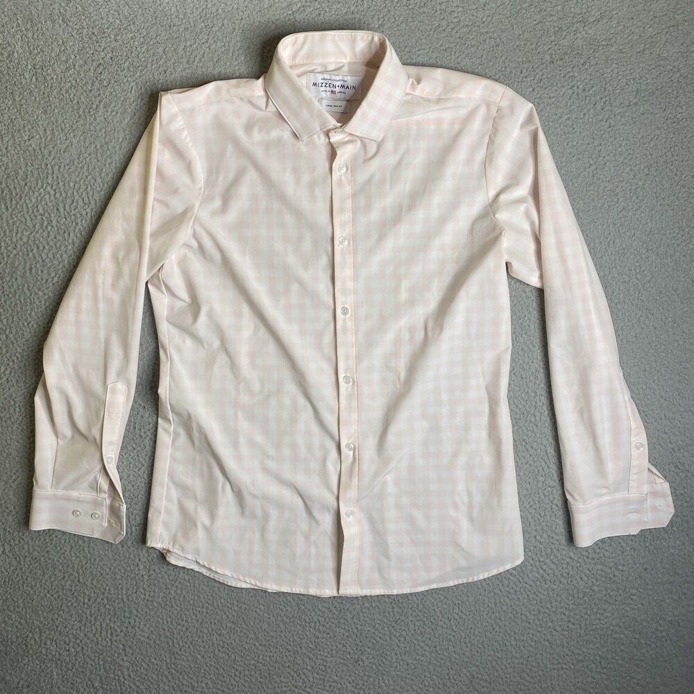 Mizzen & Main Shirt Men Large Pink White Check Button Up Trim Fit Stretch Preppy